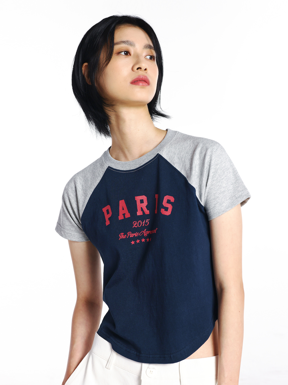 Paris typo Round hem Raglan T-shirt navy